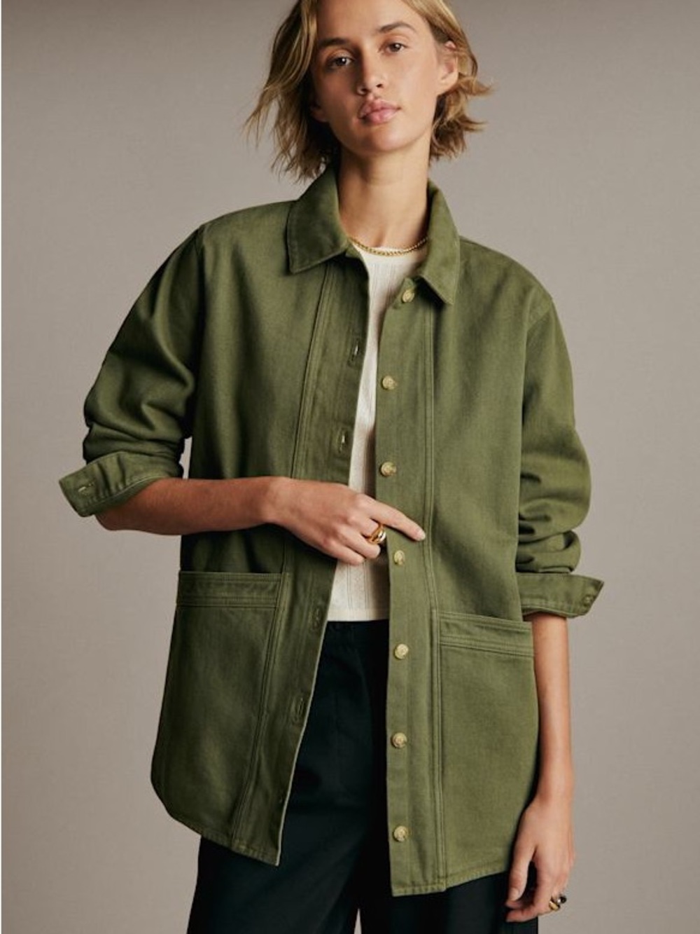 Sezane Will Jacket in Olive Green Utility Barn Jacket Organic Cotton Canvas LG